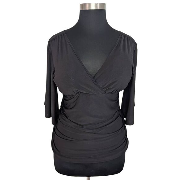 Kiyonna 1X Black Top Flutter Sleeves Faux Wrap Evening Vacation Goth Holiday - Picture 5 of 6